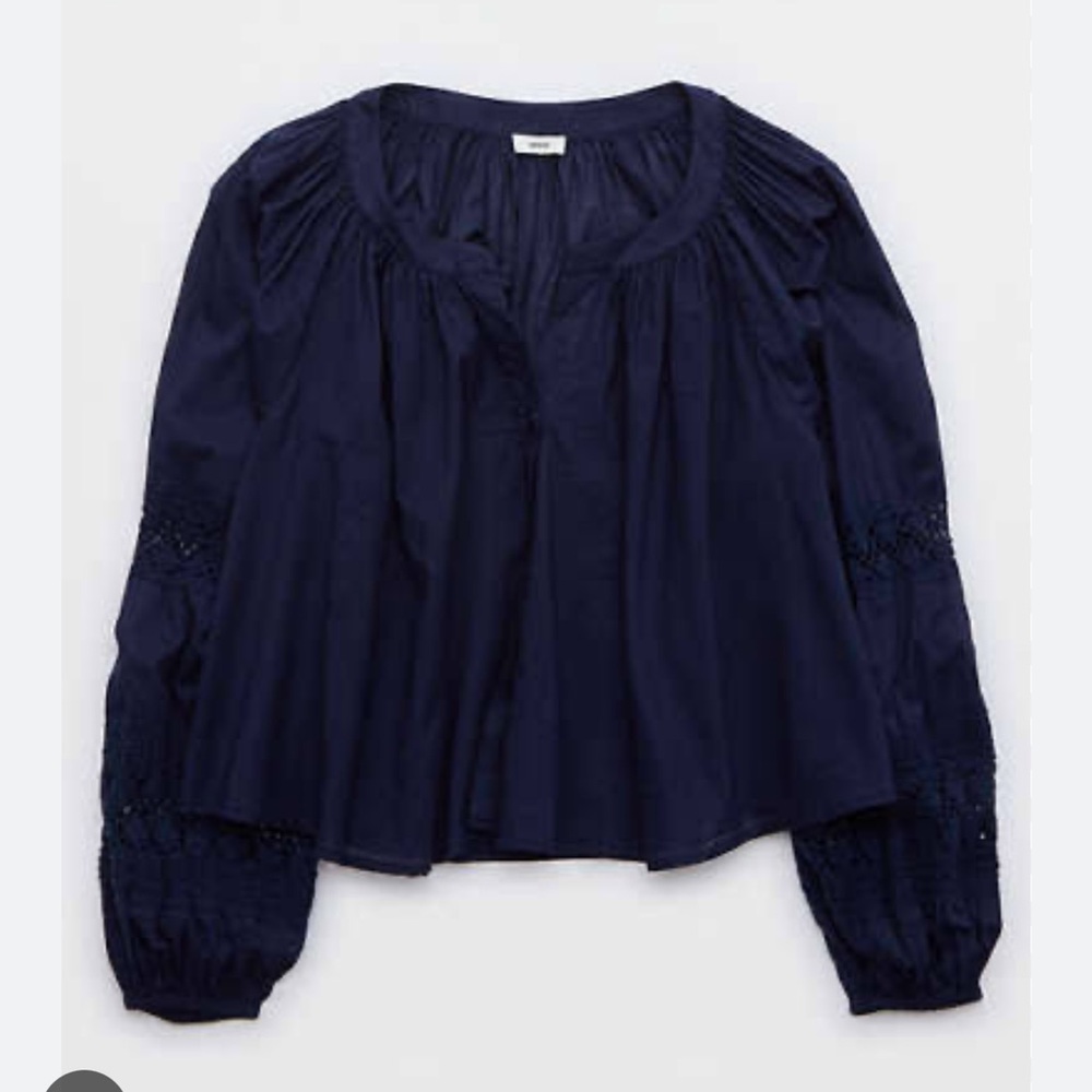 Aerie Long Sleeve‎ Crochet Button Up Shirt Navy Blue Size Medium New With Tags